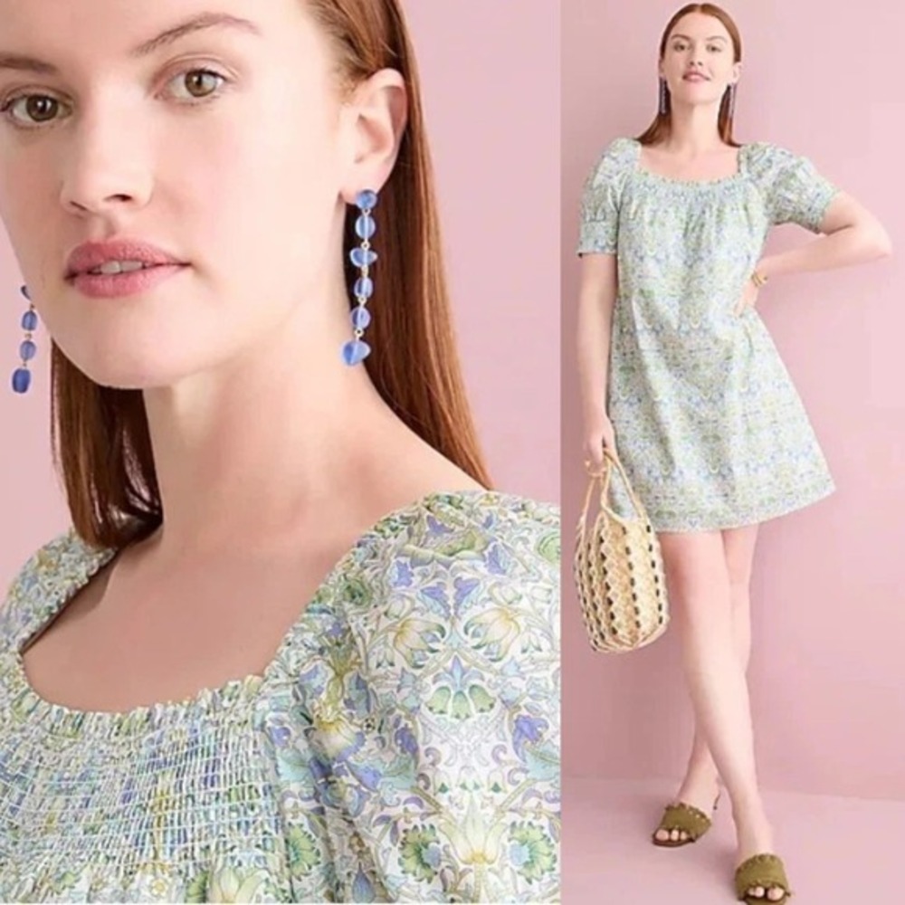 J‎ Crew Afternoon Dress Liberty Lodden Fabric M Smocked Green Blue Spring Casual